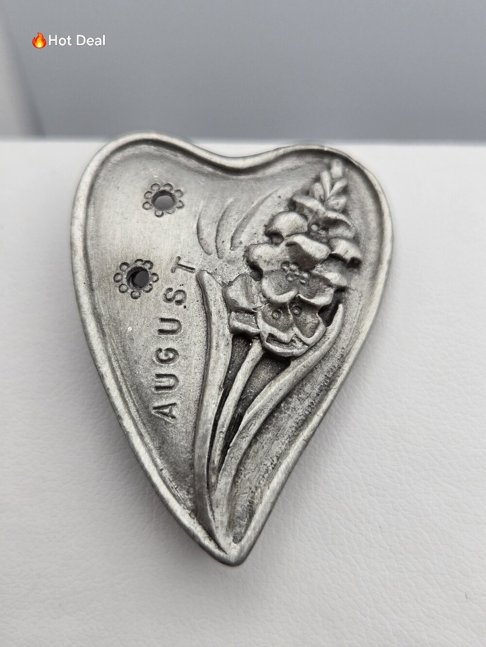 Vintage Torino Pewter August Birth Month Heart Brooch Flower 1980s Pin 1.5"
